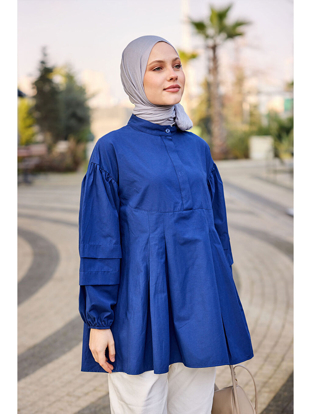 Kadın Balon Kol Pile Detaylı Tunik  Lacivert