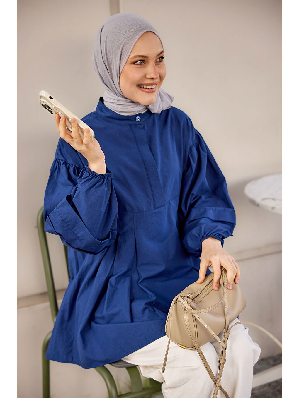 Kadın Balon Kol Pile Detaylı Tunik  Lacivert-1