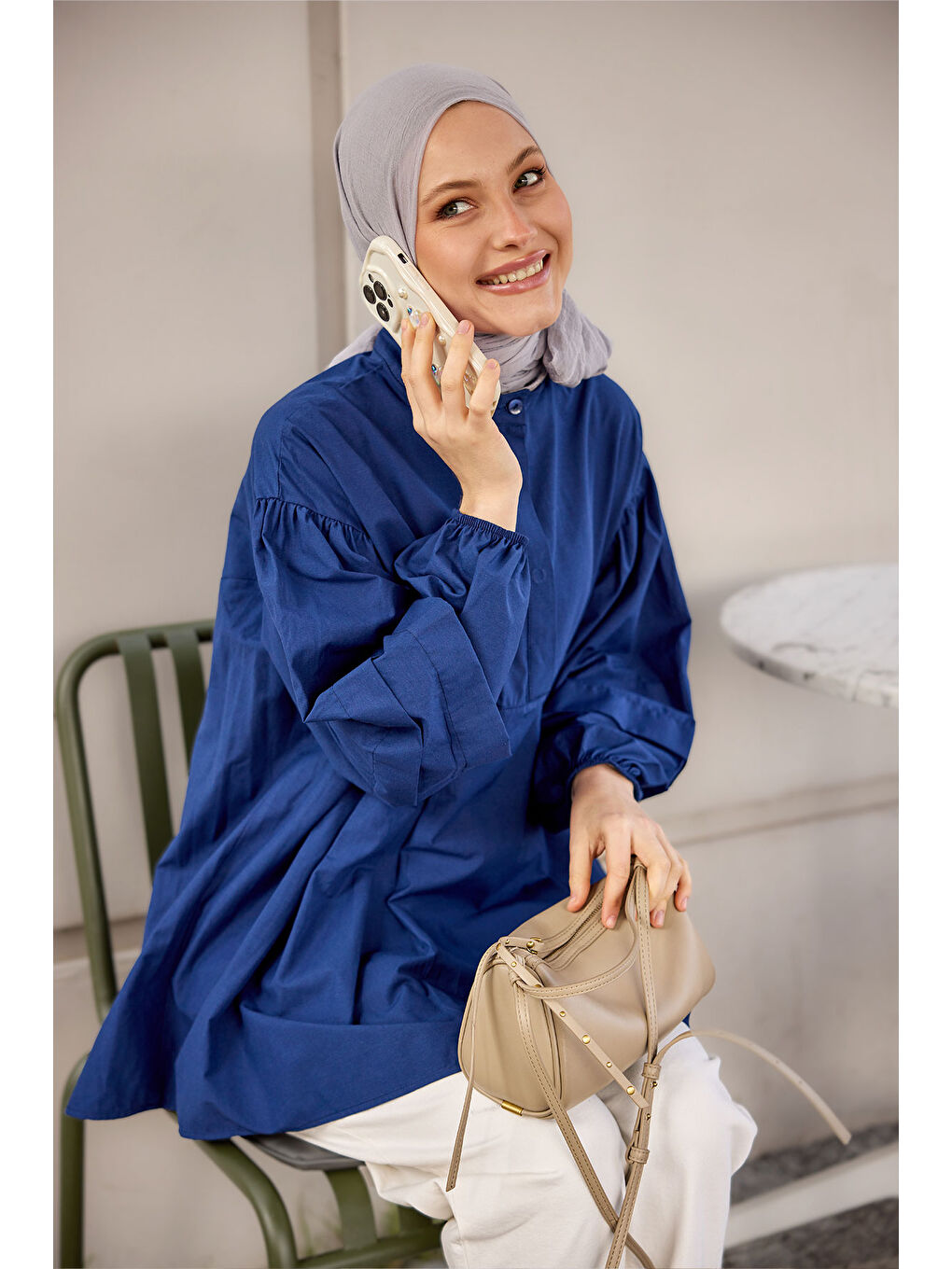 Kadın Balon Kol Pile Detaylı Tunik  Lacivert-2