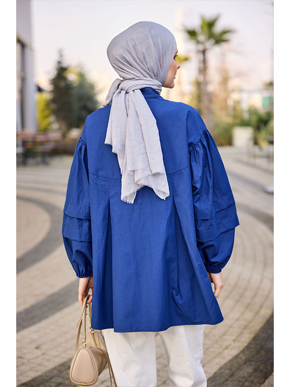 Kadın Balon Kol Pile Detaylı Tunik  Lacivert-3