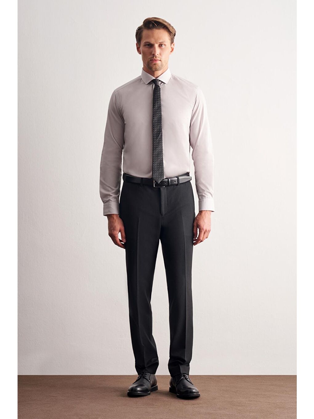 Bej Taş Rengi Yarım İtalyan Yaka Uzun Kol Easy To Iron Slim Fit Pamuklu Gömlek 1004255301-2