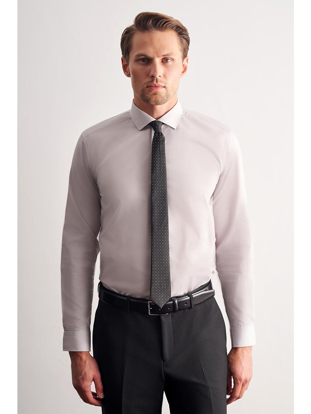 Bej Taş Rengi Yarım İtalyan Yaka Uzun Kol Easy To Iron Slim Fit Pamuklu Gömlek 1004255301-3