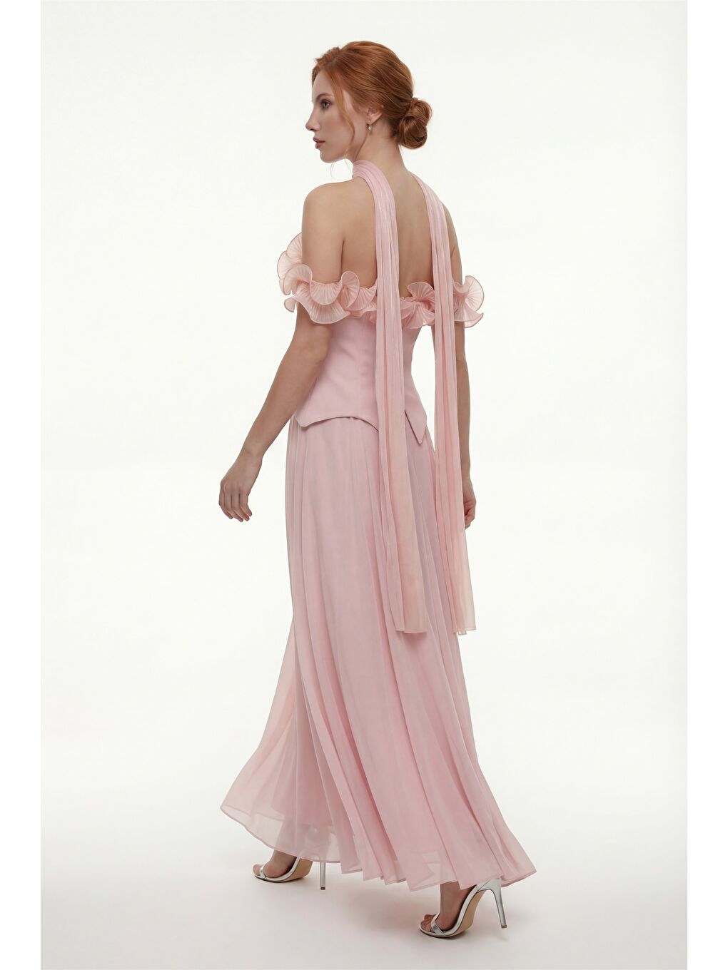 Pembe Kadın Pudra Fırfır Detaylı Uzun Söz Nişan Nikah Abiye Elbise-5
