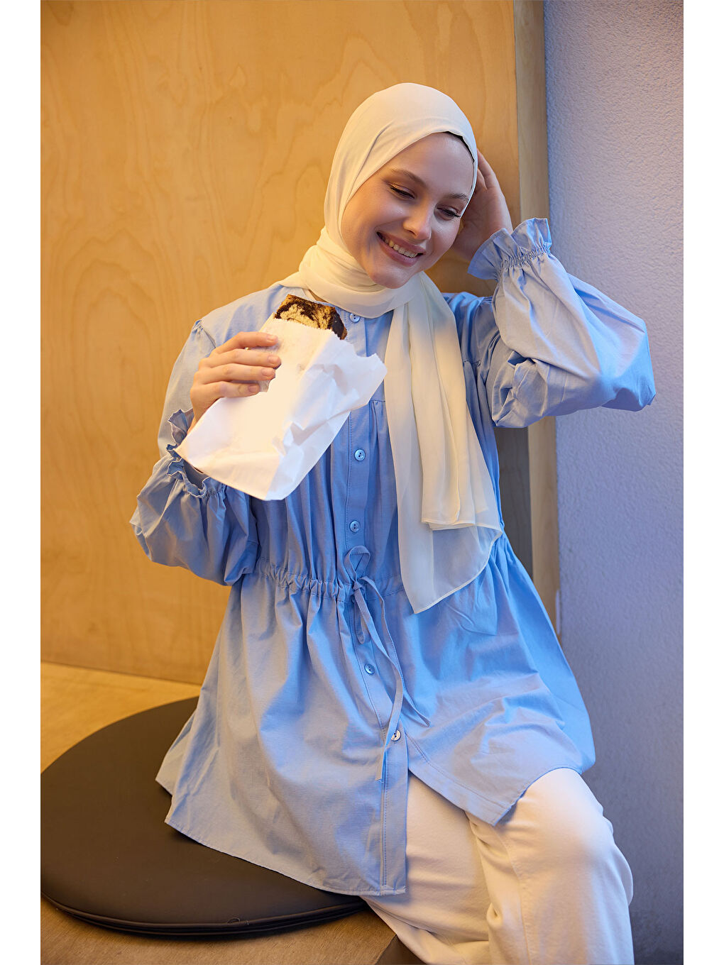 Kadın Robadan Büzgü Detaylı Balon Kol Gömlek Mavi-1