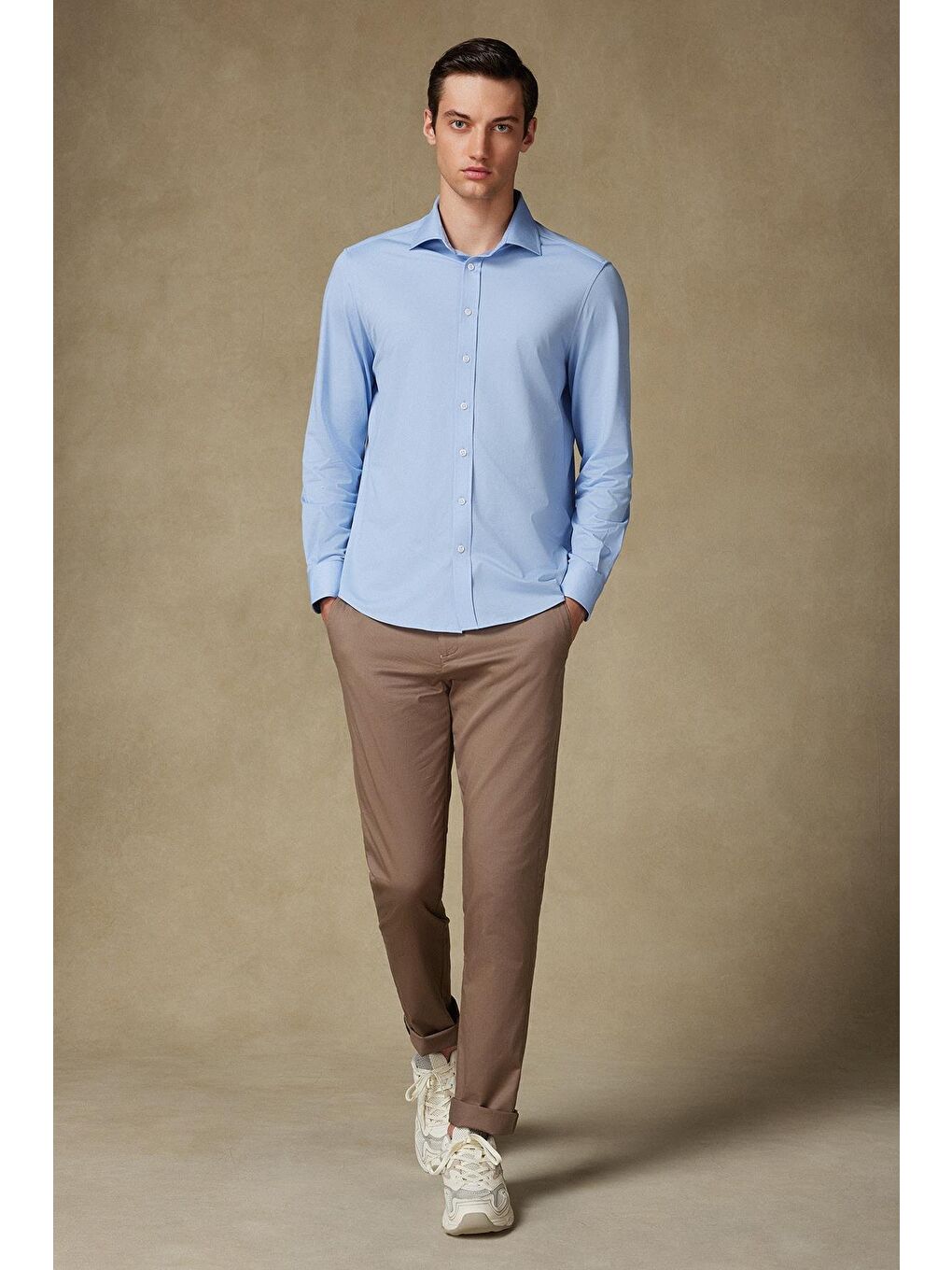 Floransa Jersey Pamuk Karışımlı Comfort Fit Mavi Klasik Yaka Erkek Düz Gömlek-2