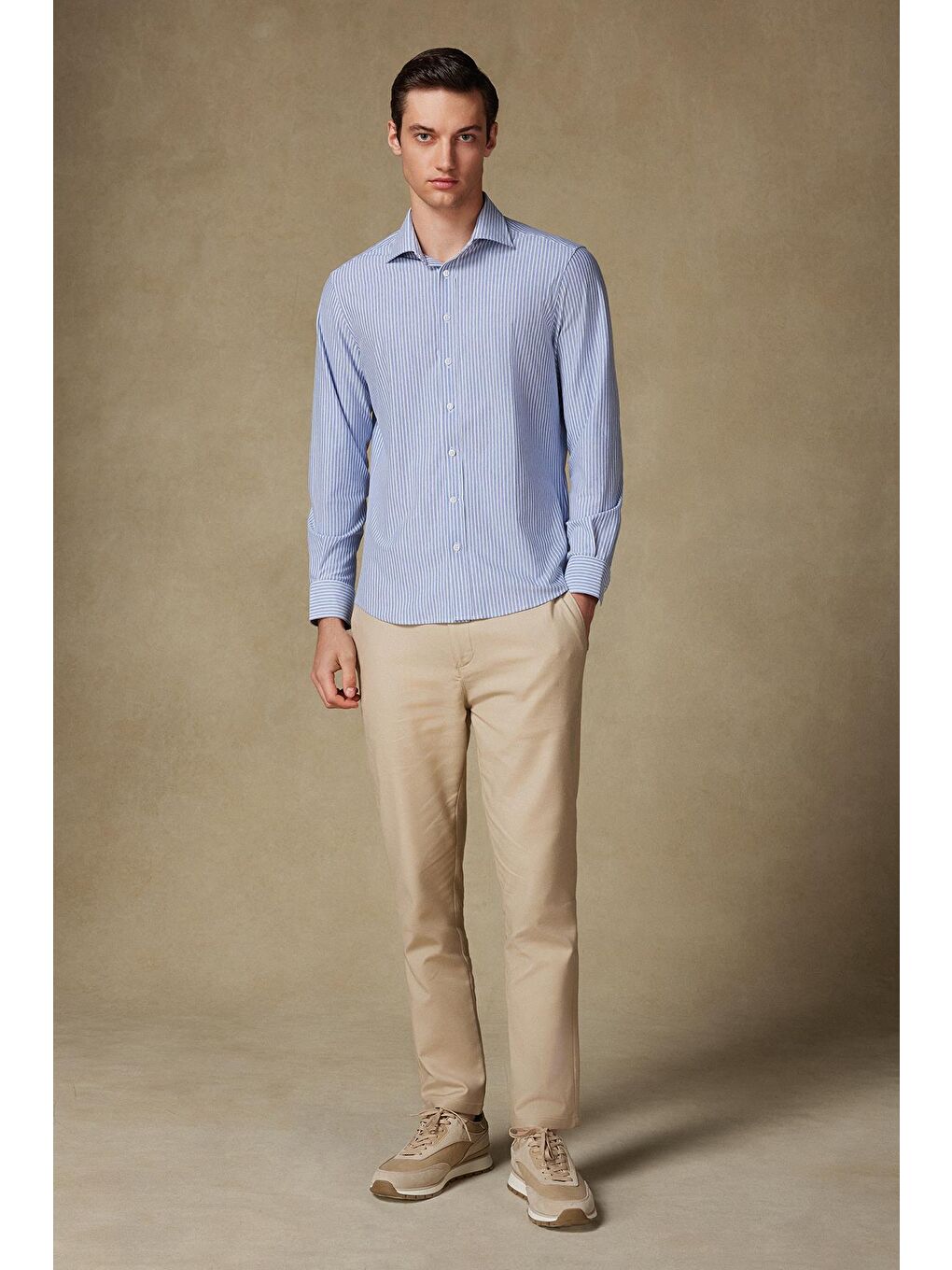 Floransa Jersey Pamuk Karışımlı Comfort Fit Lacivert Klasik Yaka Erkek Çizgili Gömlek-2