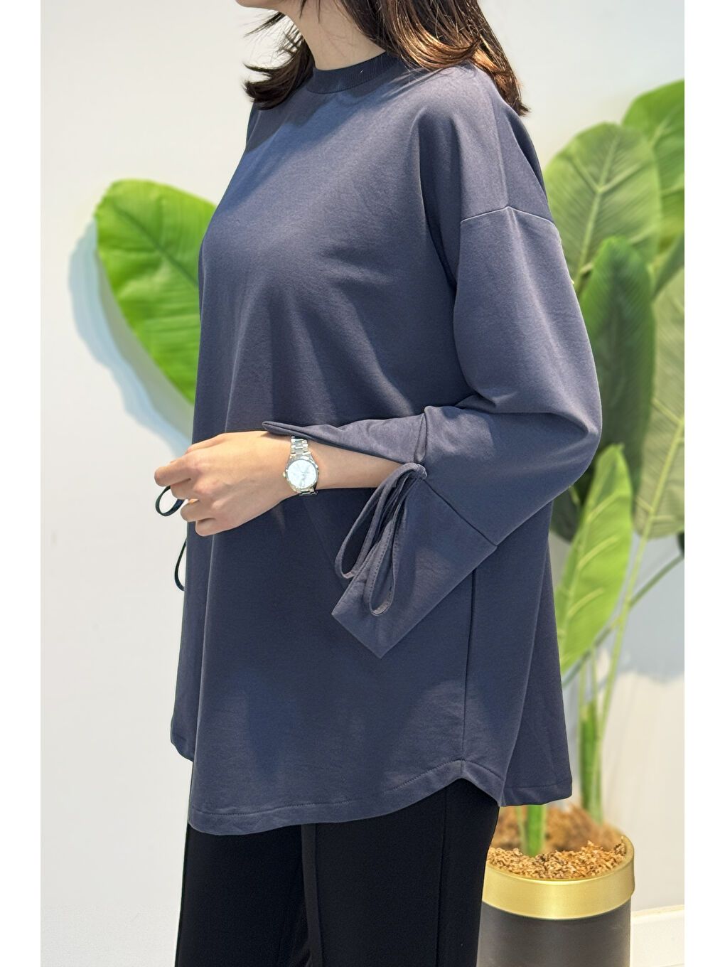 Manşeti ve Beli Bağcık Detay Sweat Tunik 3066 Antrasit-1