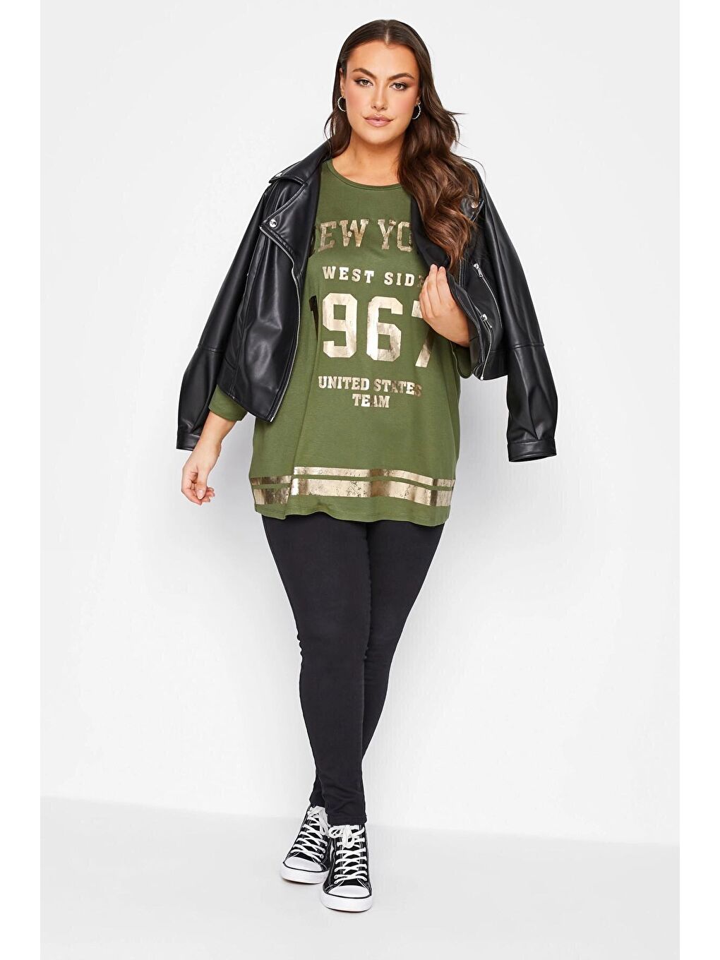 Haki Büyük Beden Fakir Kol Metalik Yazı Baskılı Bisiklet Yaka Bluz 301398-1