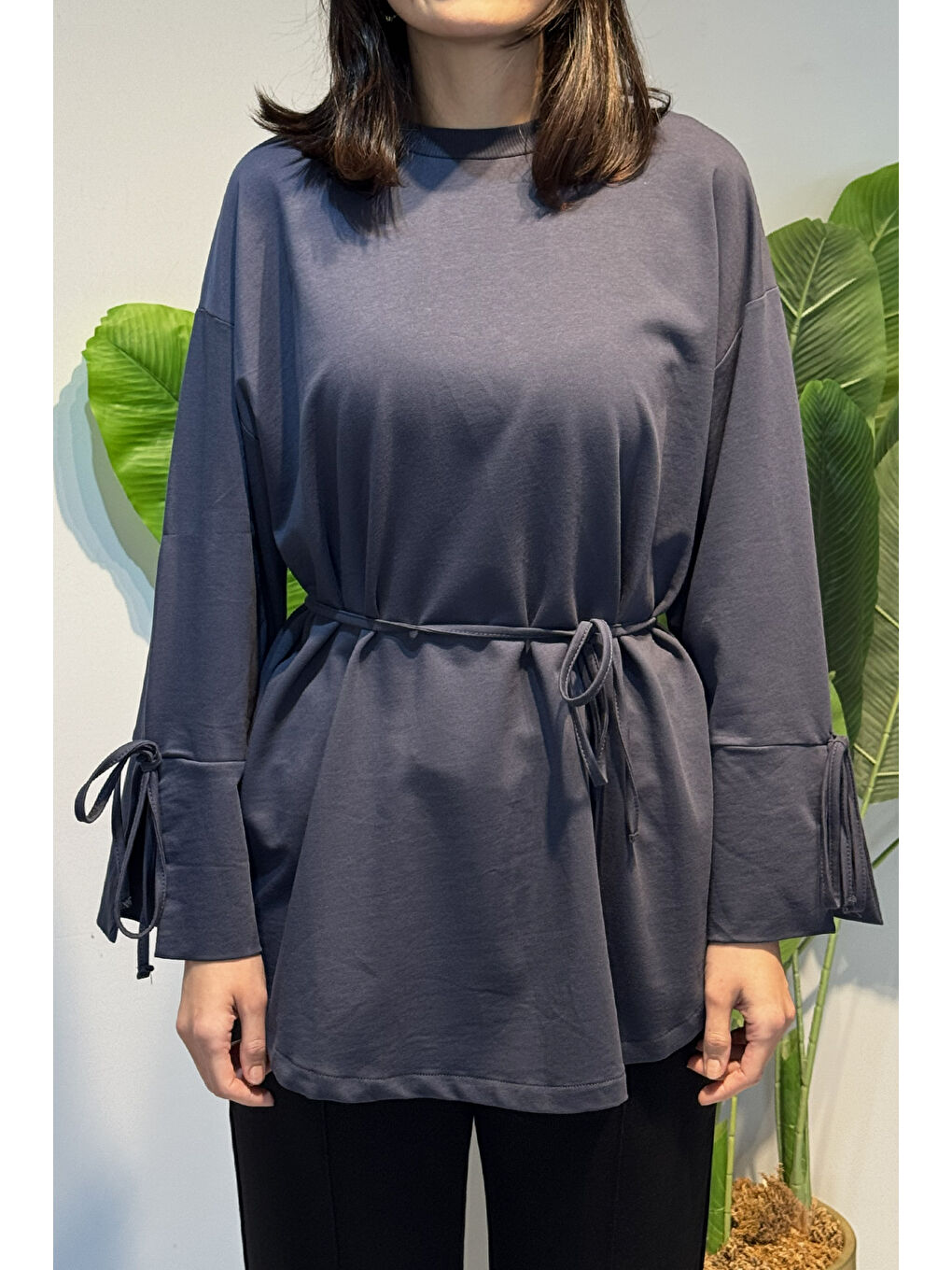 Manşeti ve Beli Bağcık Detay Sweat Tunik 3066 Antrasit-2