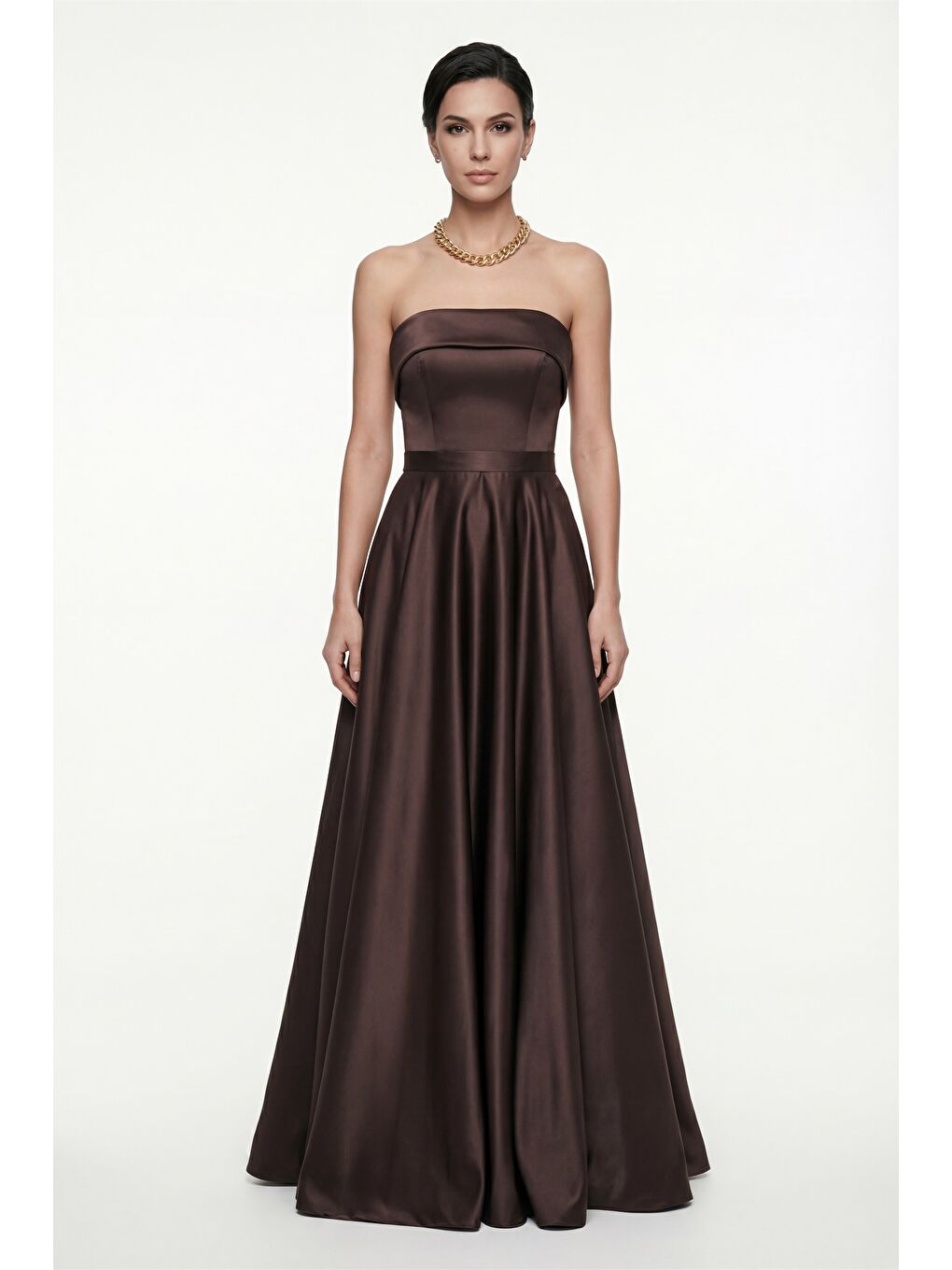 Kadın Kahverengi Dar Kalıp Straplez Saten Kloş Abiye Elbise