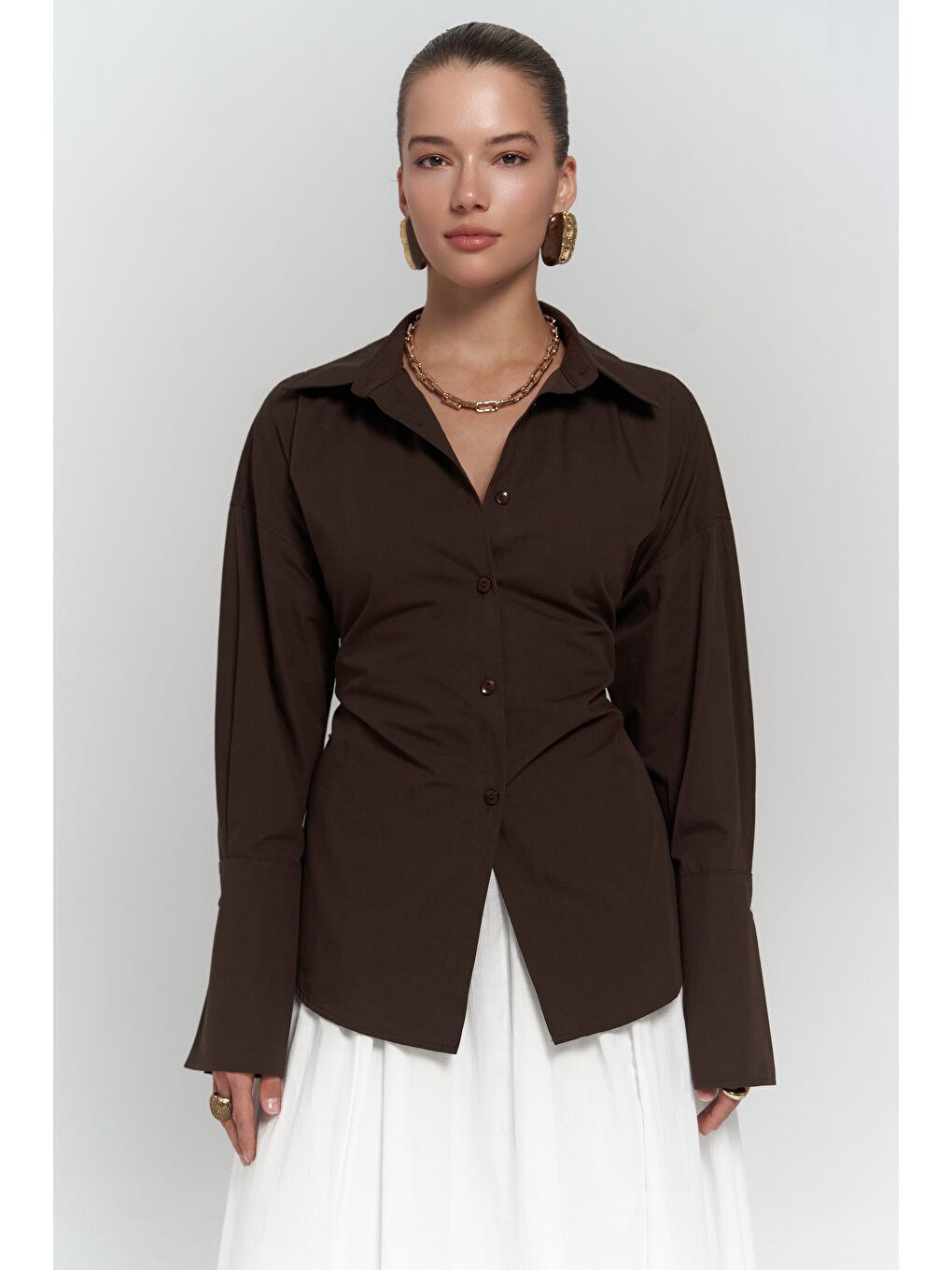 Kahverengi Novers İp Detay Kahve Gömlek
