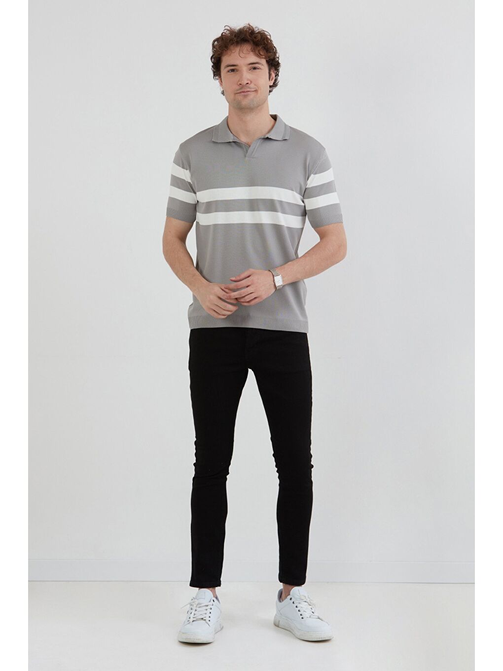 Gri Polo Yaka Çizgili Triko Tişört-2