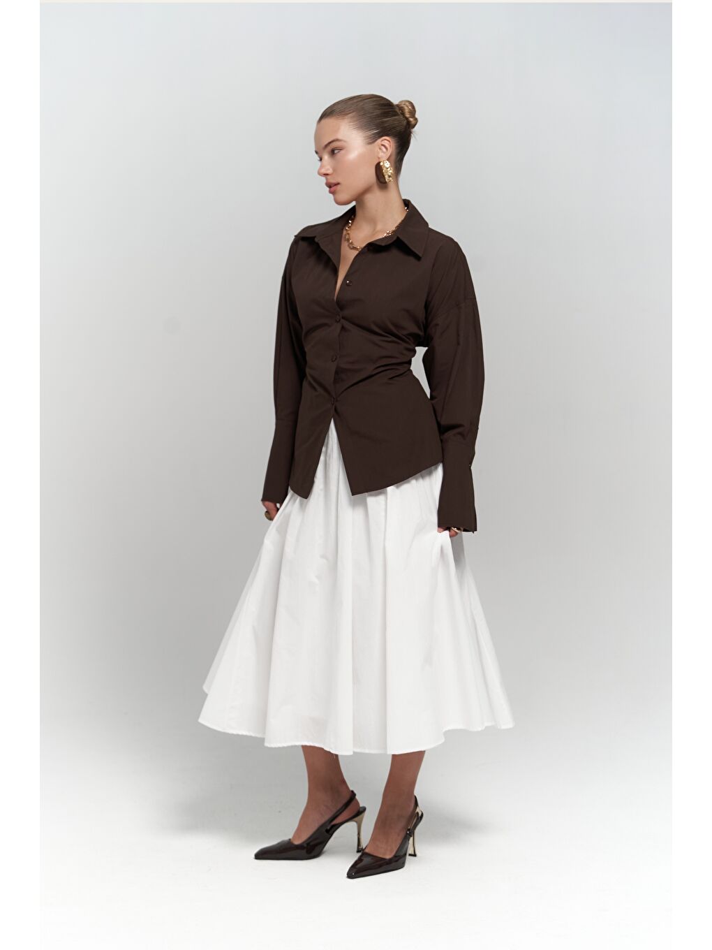 Kahverengi Novers İp Detay Kahve Gömlek-2