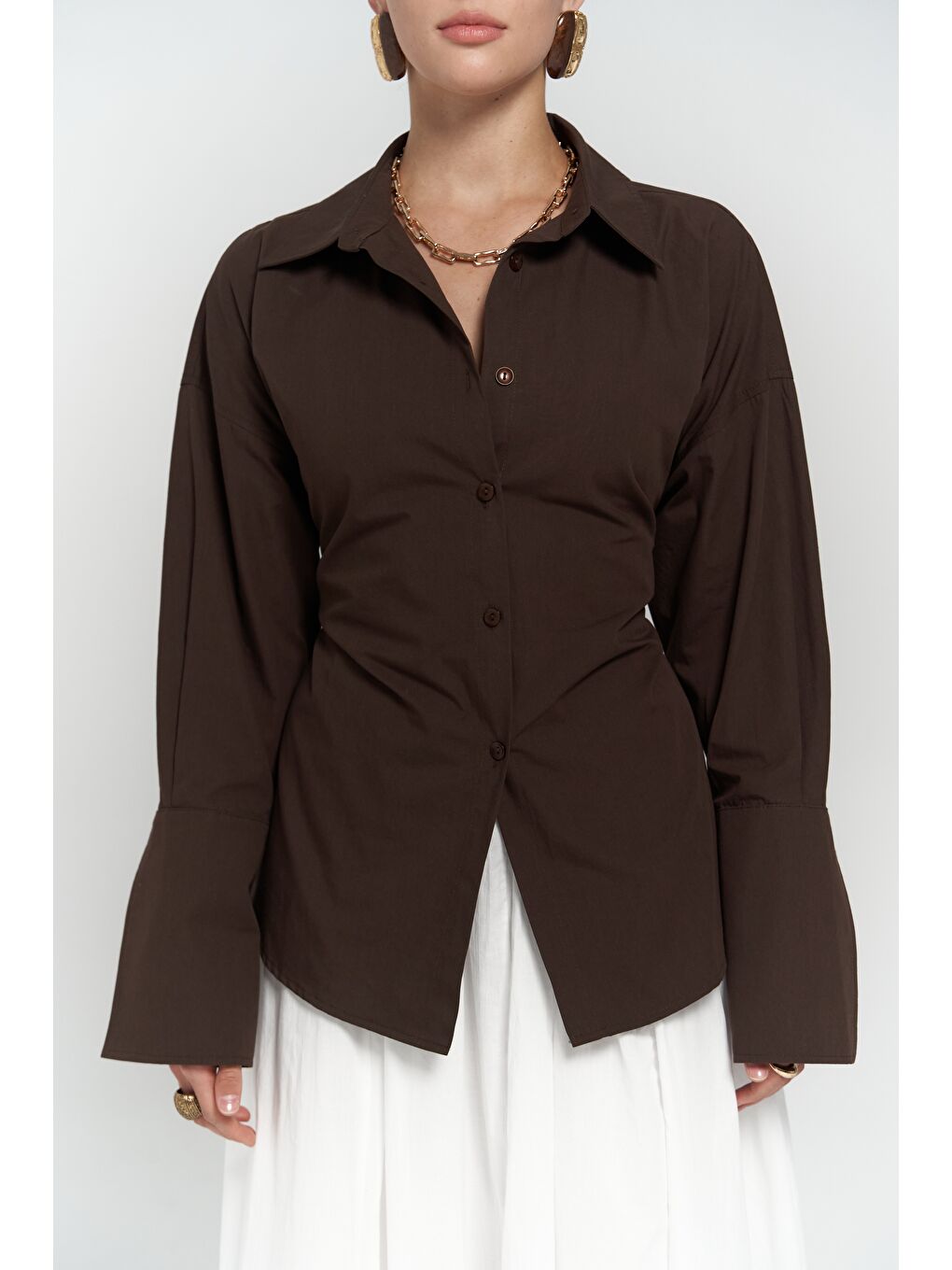 Kahverengi Novers İp Detay Kahve Gömlek-4
