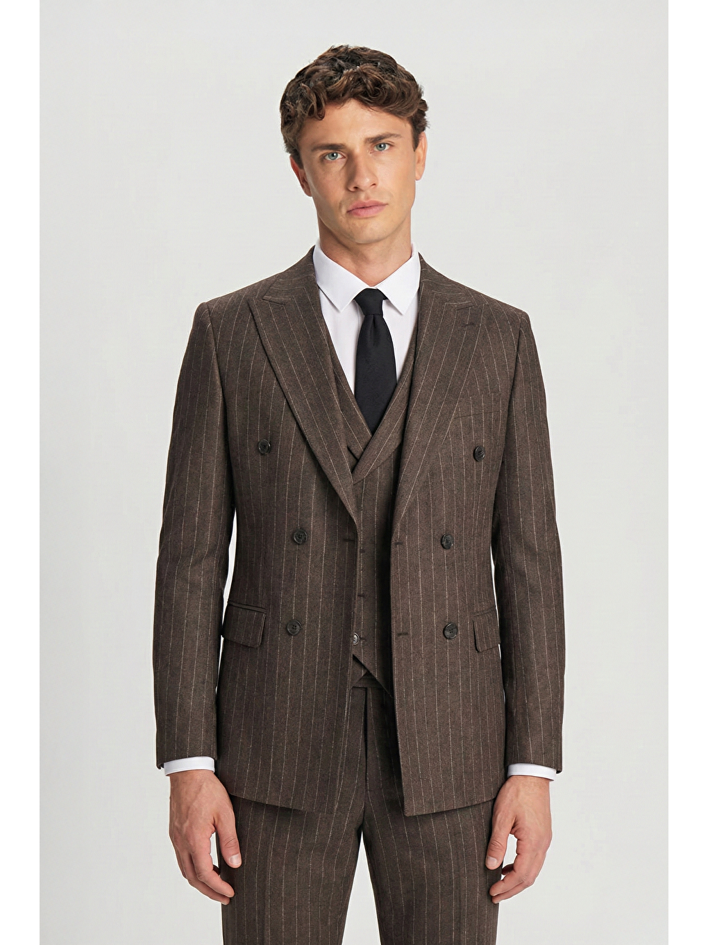 Kahverengi Giotelli Kahve Regular Fit Çizgili Desenli Yelekli Kabanlı 4'Lü Takım Elbise Seti-1
