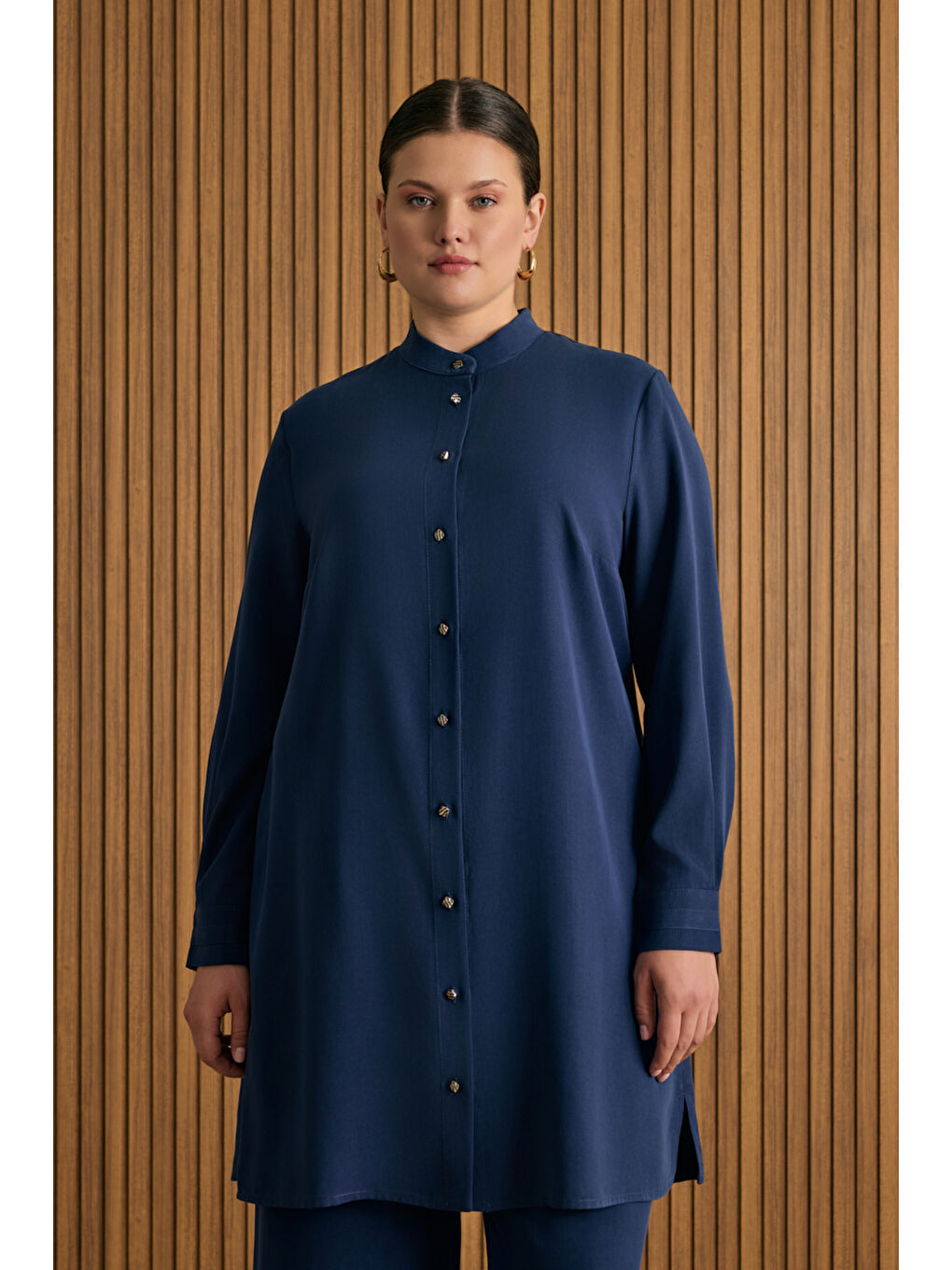Lacivert Hakim Yaka Lyocell Gömlek Tunik