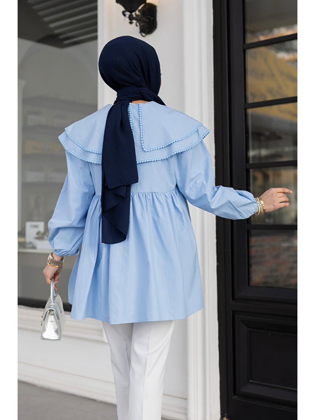 Locco Moda Kadın Çift Yaka Gupurlu Gömlek Bebe Mavi - 4