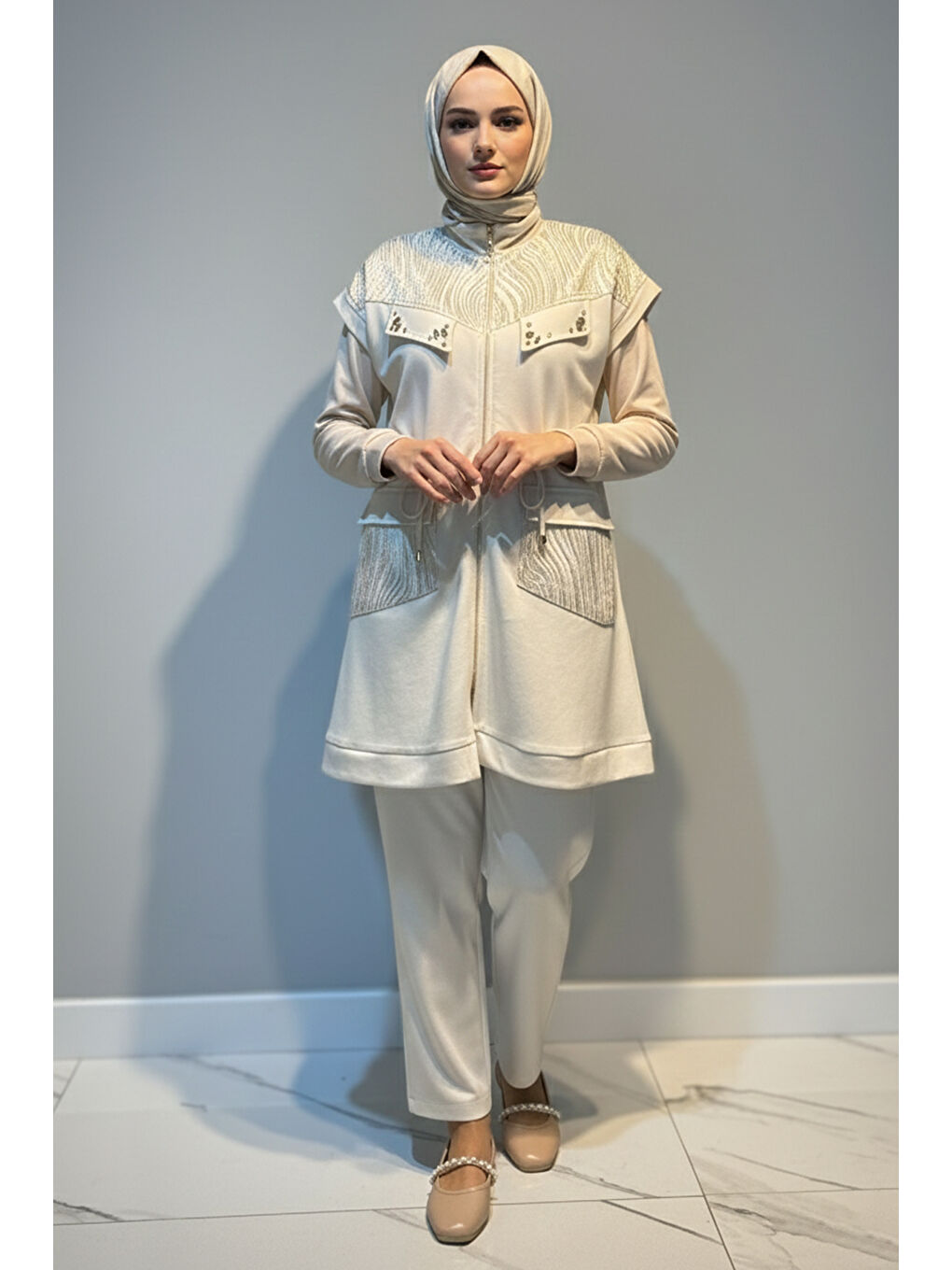 Kadın Yelek Pantolon Jakar Detay Takım 7303 Ekru