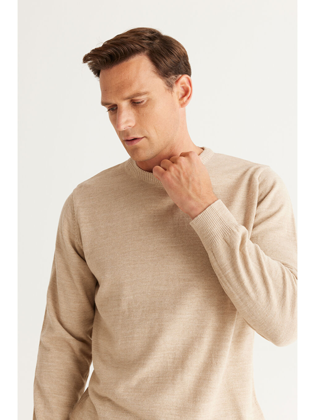 Erkek Bej Bisiklet Yaka Triko Kazak-2