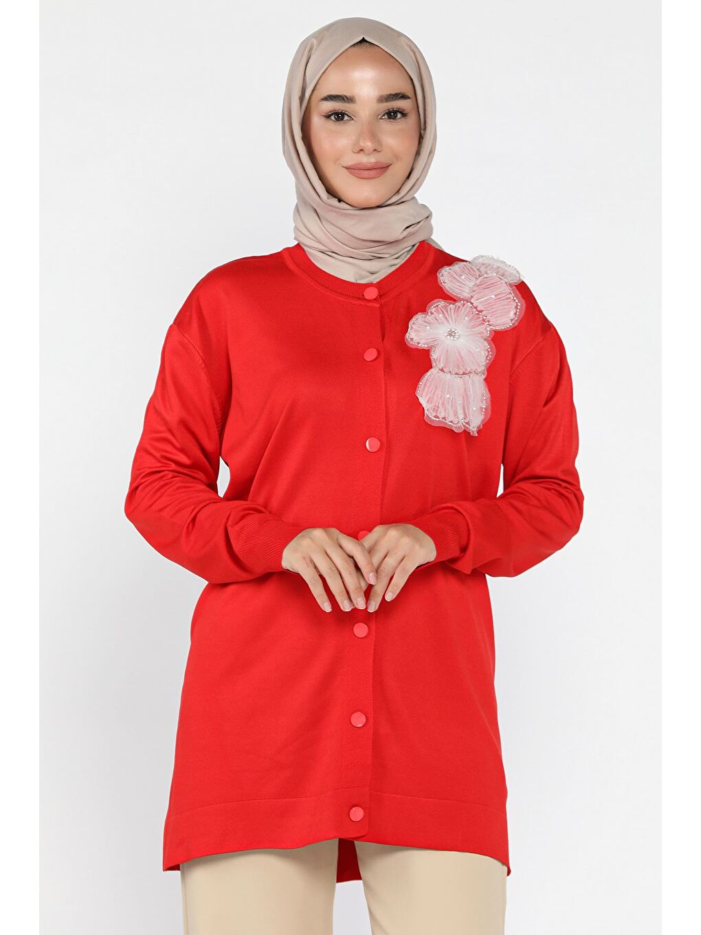 Kırmızı Çiçek Figürlü Ön Düğmeli Tesettür Triko Hırka (s-m-l-xl Beden Uyumludur.)-3