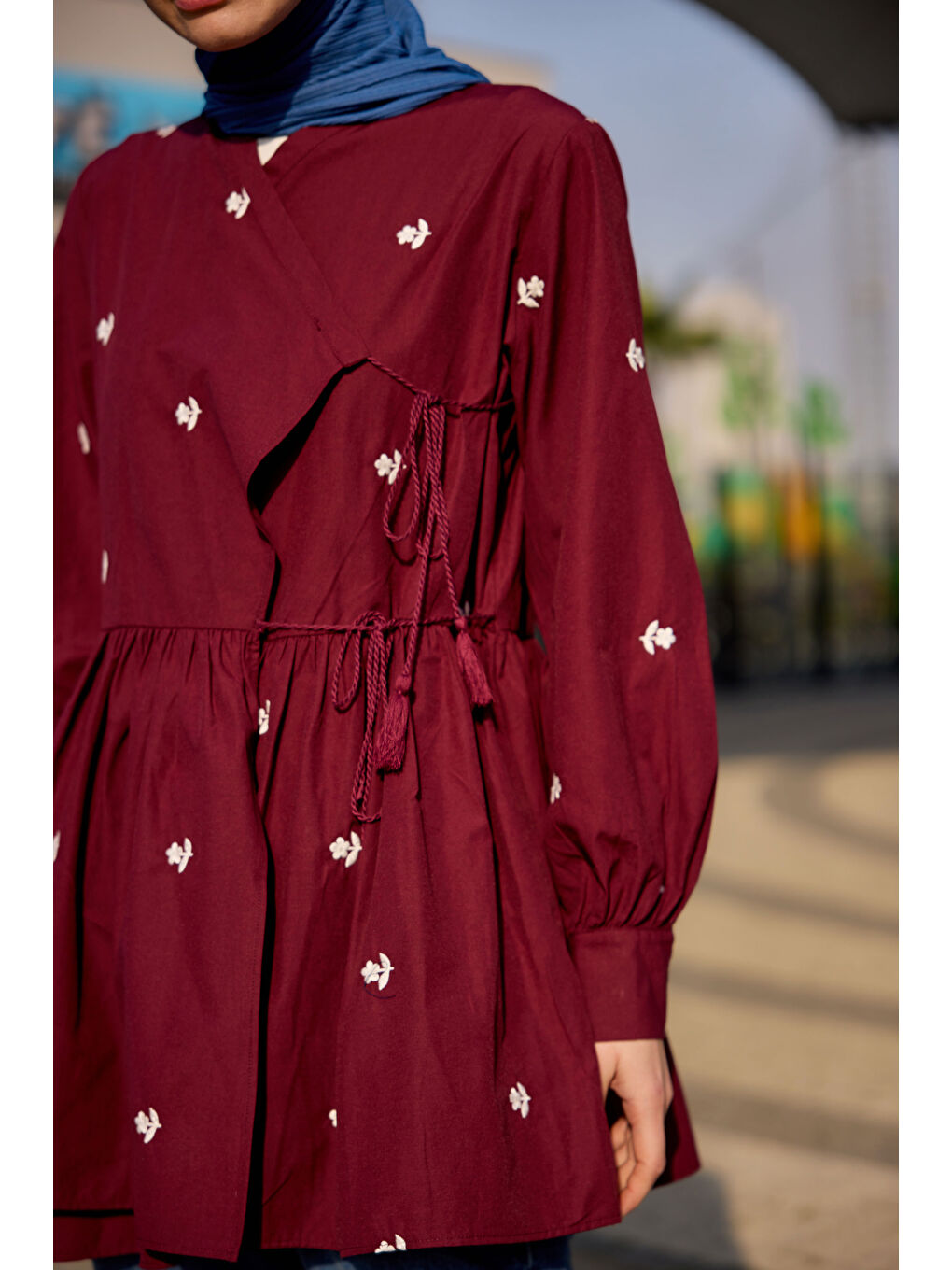 Kadın Nakış İşlemeli Yandan Bağlamalı Tunik Bordo-2