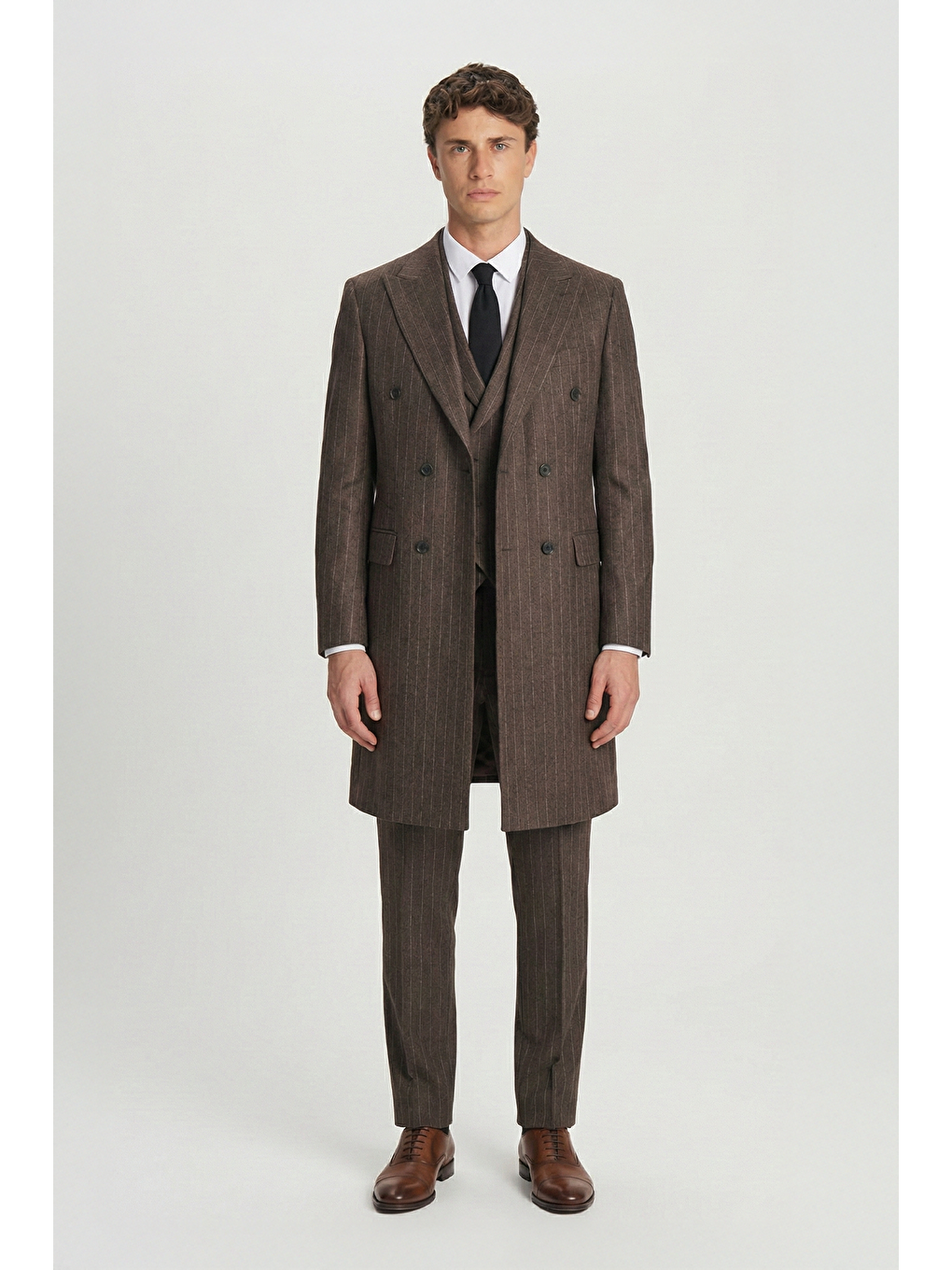 Kahverengi Giotelli Kahve Regular Fit Çizgili Desenli Yelekli Kabanlı 4'Lü Takım Elbise Seti-2