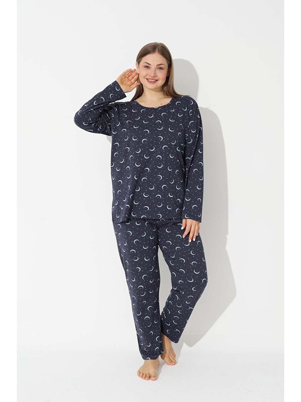 İndigo Curve Büyük Beden Battal Boy Pamuklu Pijama Takımı-1
