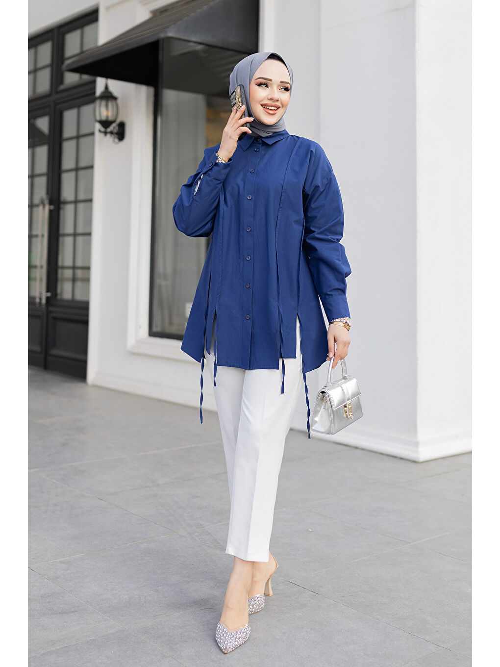 Kadın İp Detaylı Yırtmaçlı Gömlek Lacivert-1