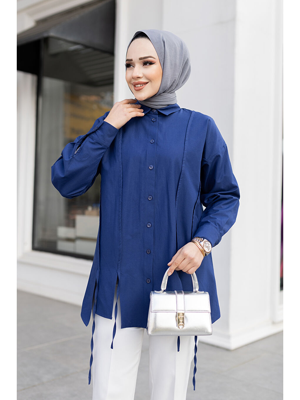 Kadın İp Detaylı Yırtmaçlı Gömlek Lacivert-2