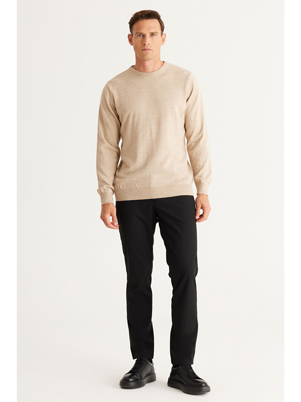 Erkek Bej Bisiklet Yaka Triko Kazak-4