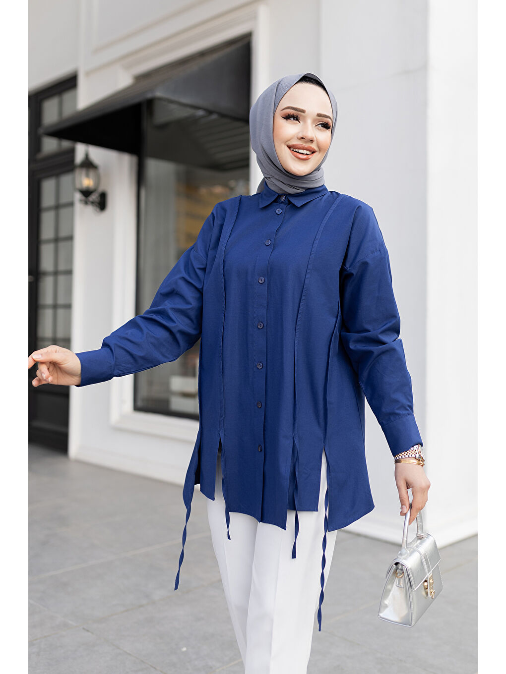 Kadın İp Detaylı Yırtmaçlı Gömlek Lacivert-3