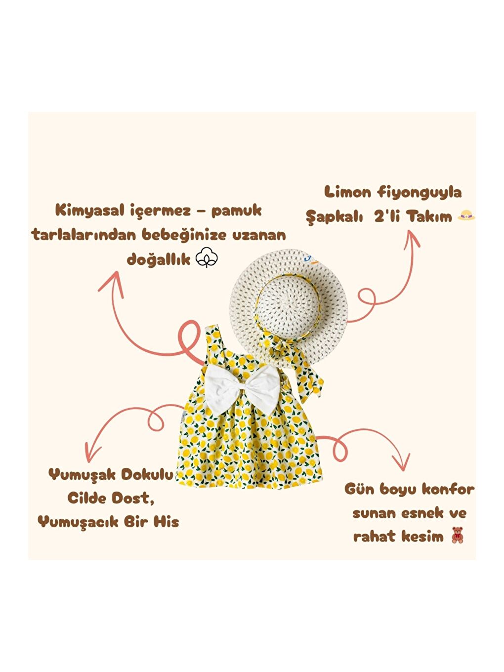Sarı Limon Desenli Şapkalı Fiyonklu Kız Bebek Elbisesi-1