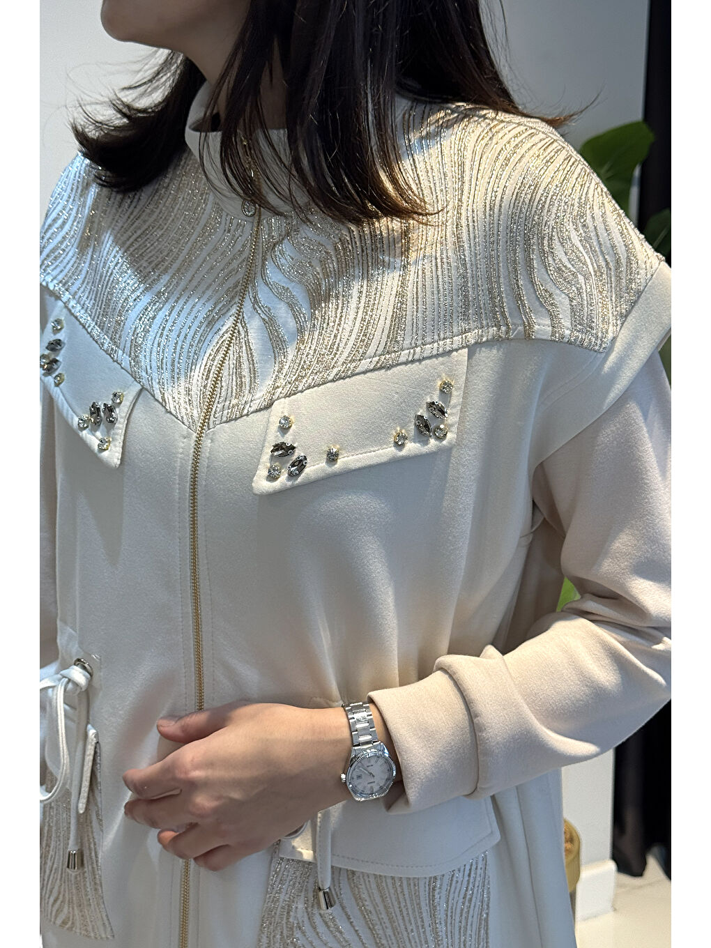 Kadın Yelek Pantolon Jakar Detay Takım 7303 Ekru-1