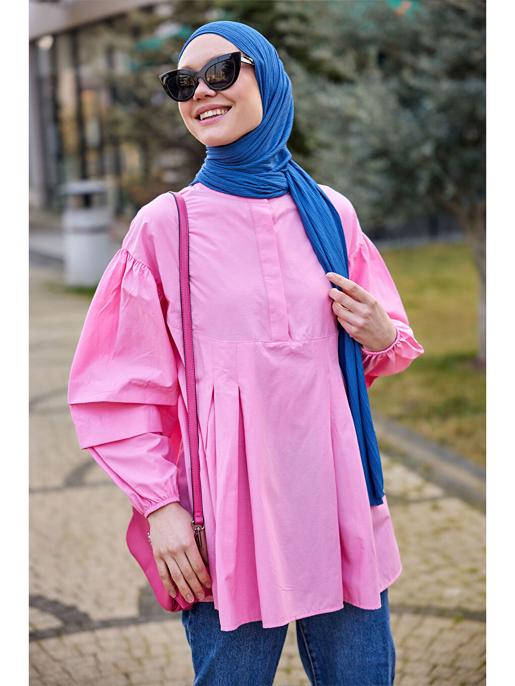 Kadın Balon Kol Pile Detaylı Tunik  Pembe-1