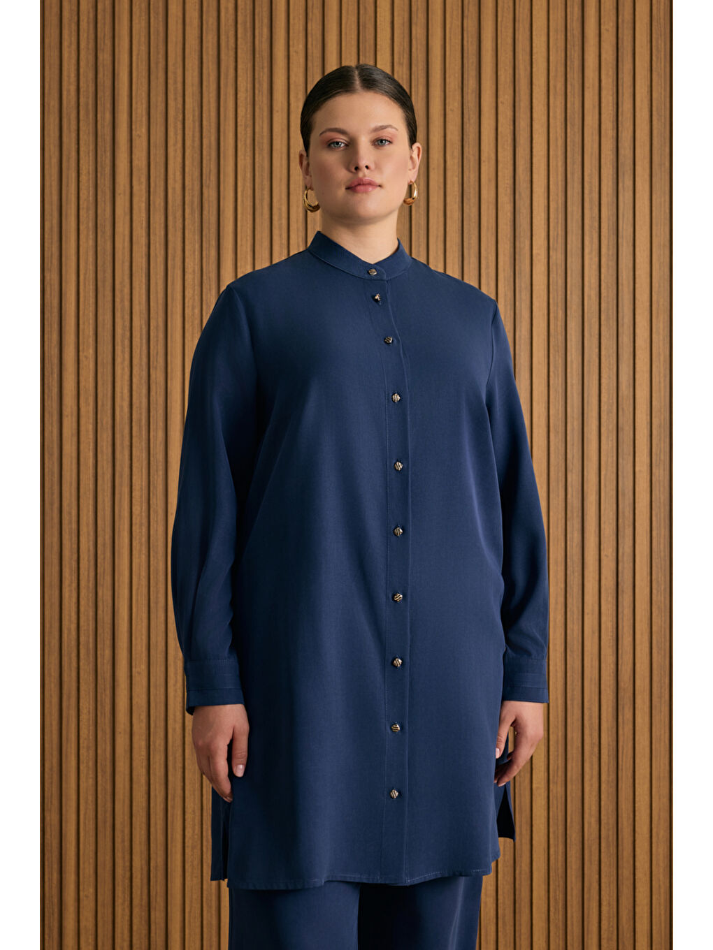Lacivert Hakim Yaka Lyocell Gömlek Tunik-1