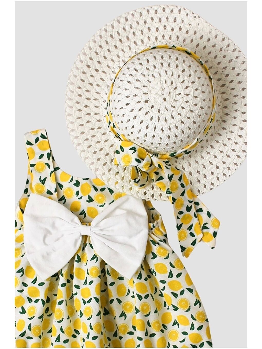 Sarı Limon Desenli Şapkalı Fiyonklu Kız Bebek Elbisesi-2
