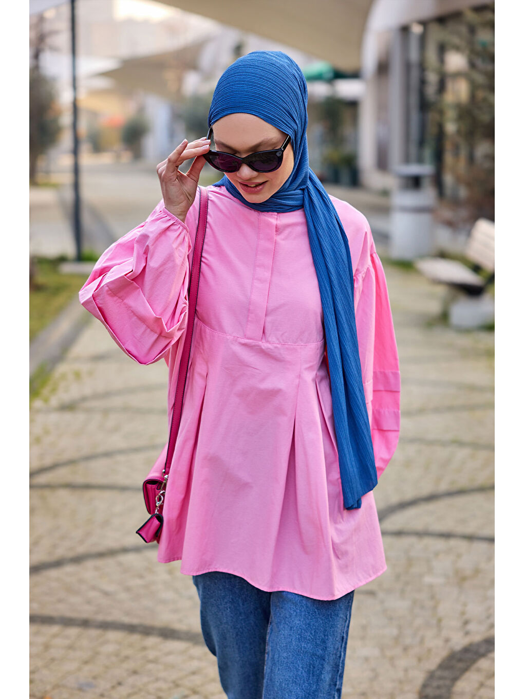 Kadın Balon Kol Pile Detaylı Tunik  Pembe-2