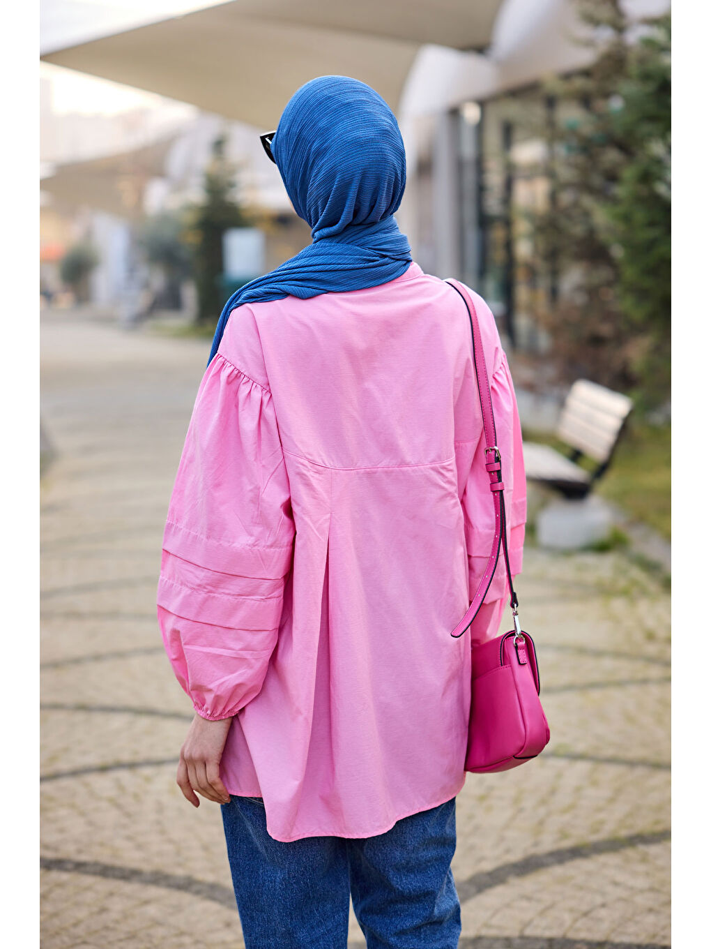 Kadın Balon Kol Pile Detaylı Tunik  Pembe-3