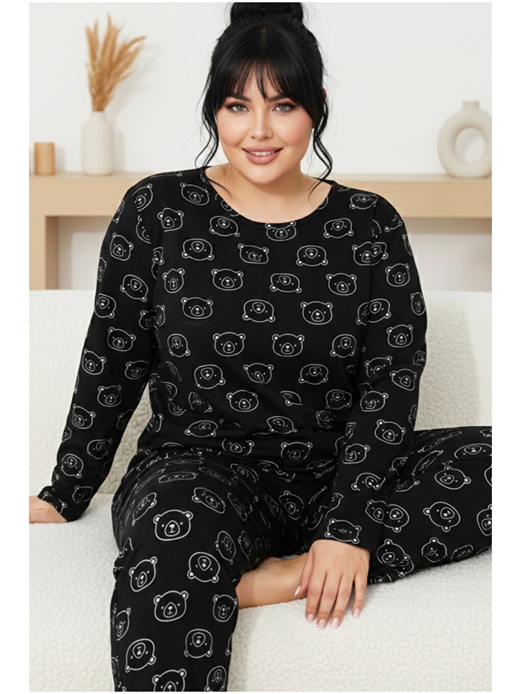 Siyah Curve Büyük Beden Battal Boy Pamuklu Pijama Takımı