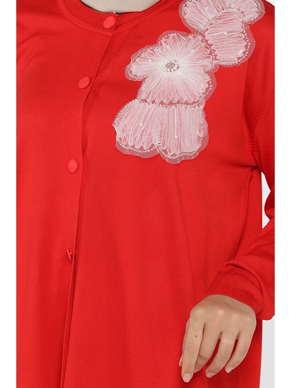 Kırmızı Çiçek Figürlü Ön Düğmeli Tesettür Triko Hırka (s-m-l-xl Beden Uyumludur.)-7