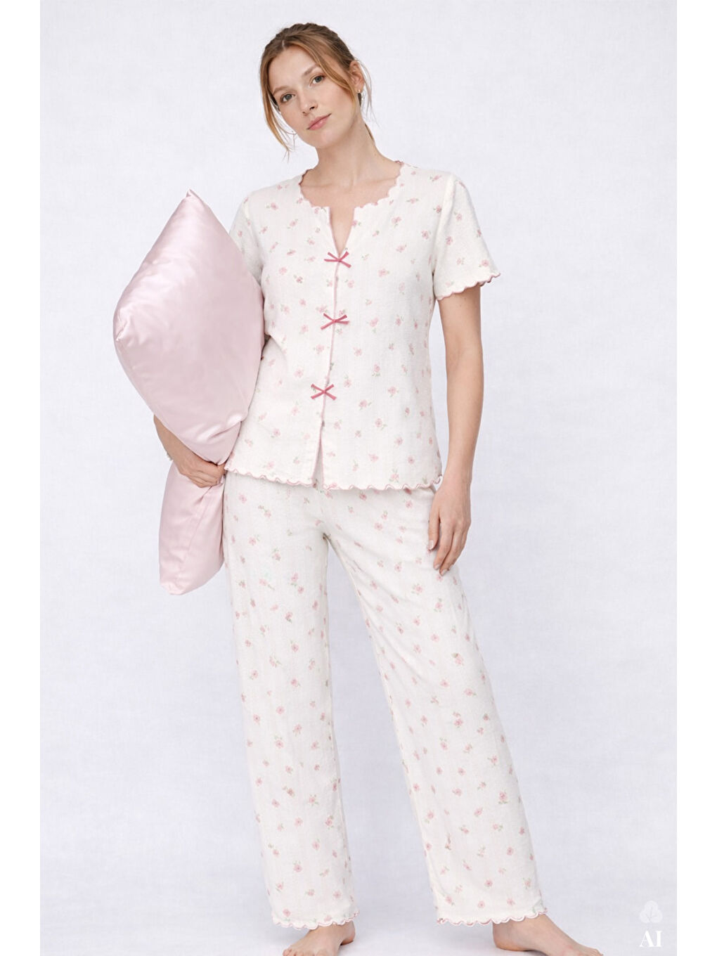 Pembe Kadın Kısa Kollu Fiyonklu Fitilli Pijama Takımı