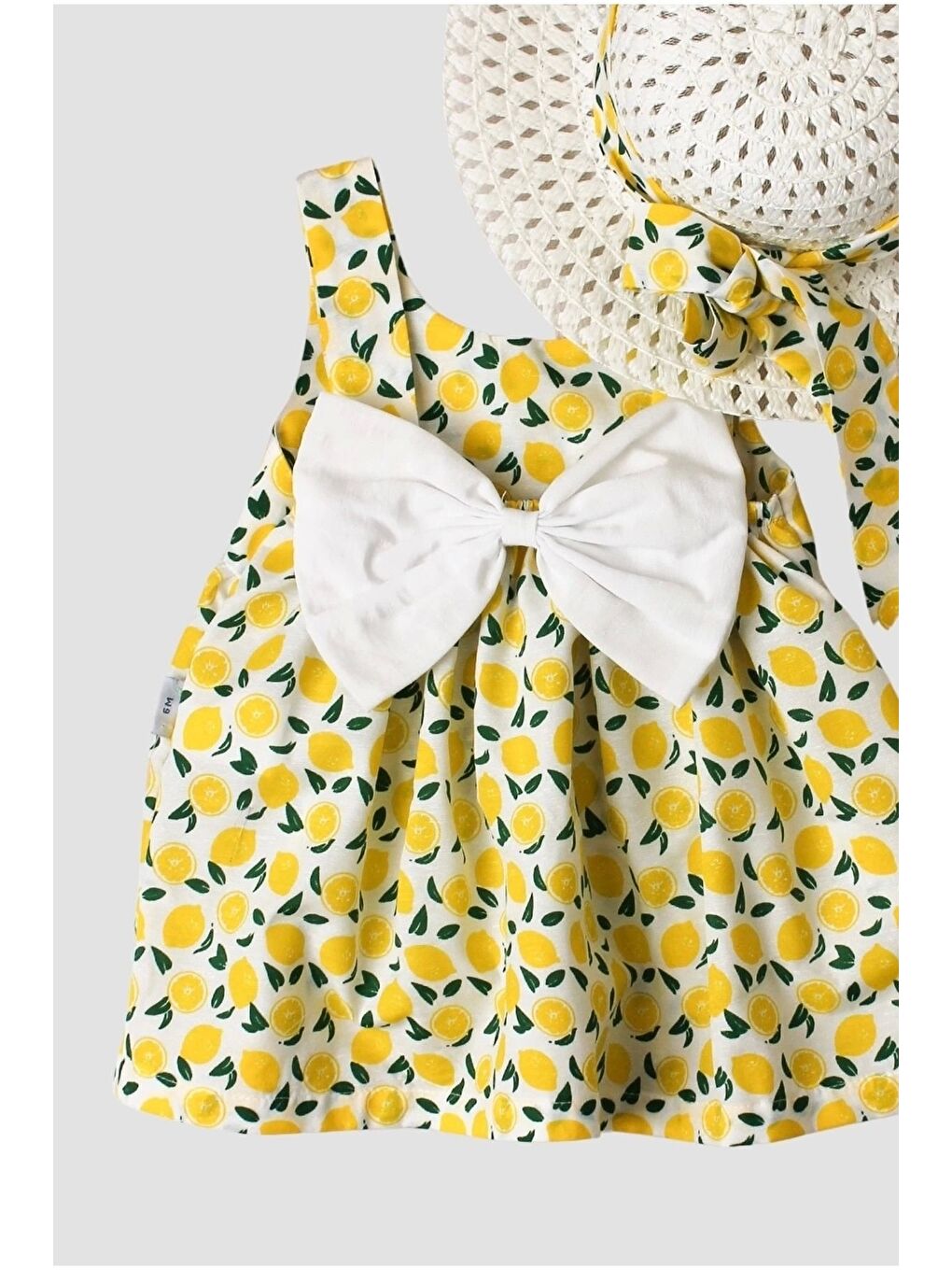Sarı Limon Desenli Şapkalı Fiyonklu Kız Bebek Elbisesi-3