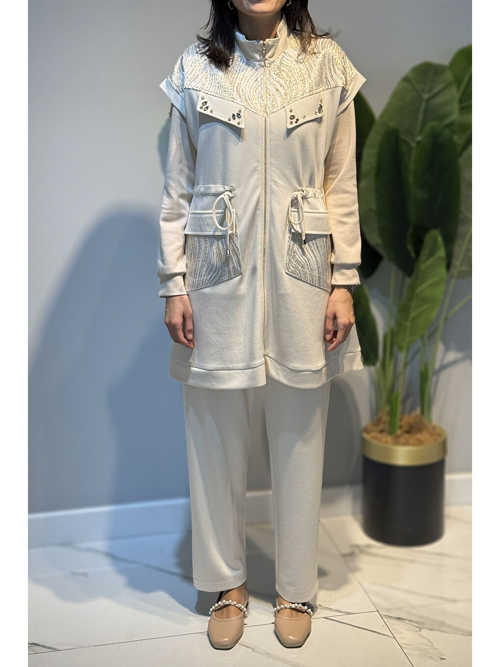 Kadın Yelek Pantolon Jakar Detay Takım 7303 Ekru-2