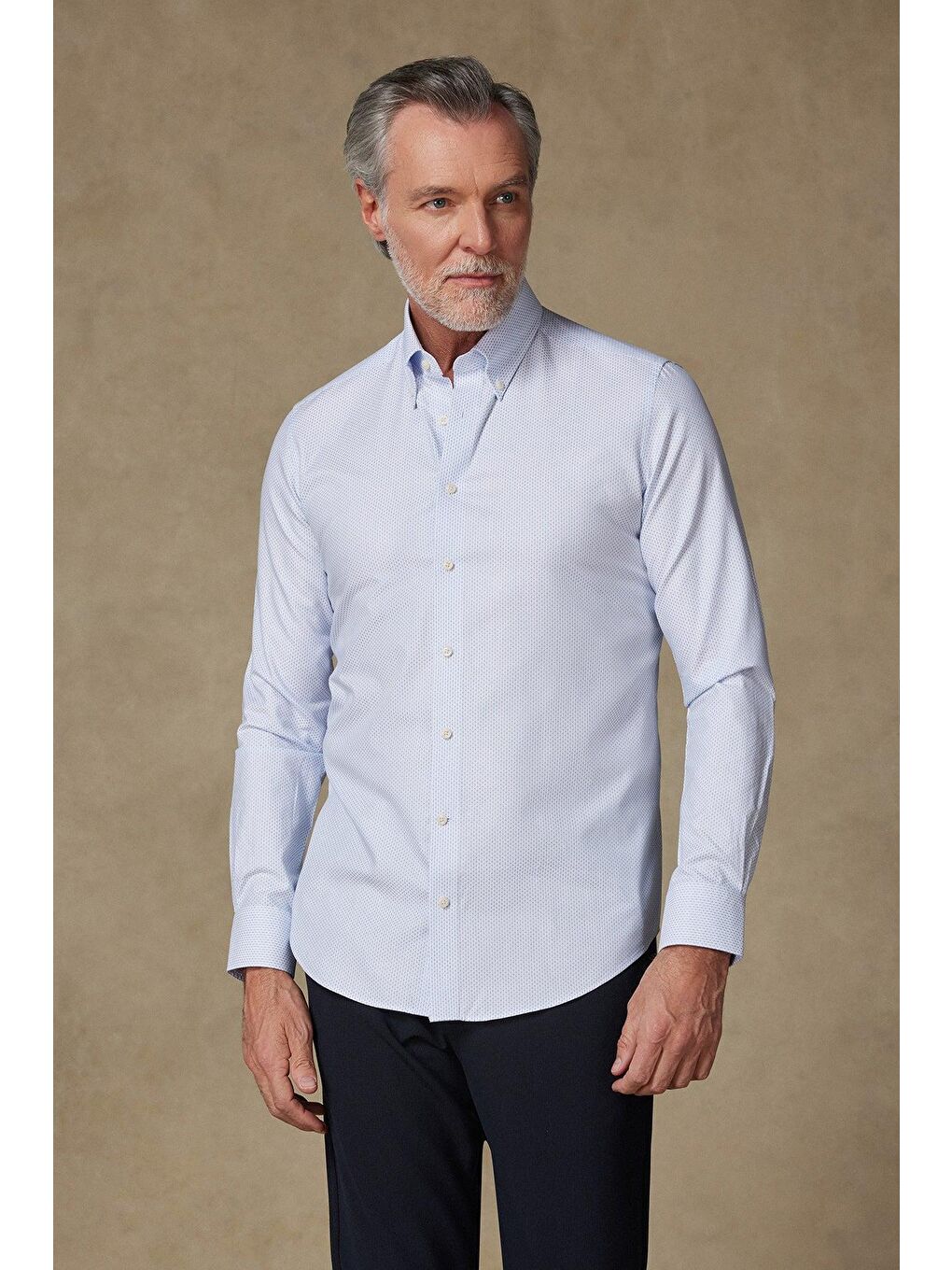 Carlo Armür Pamuklu Slim Fit Açık Mavi Düğmeli Yaka Erkek Baskılı %100 Pamuk Gömlek