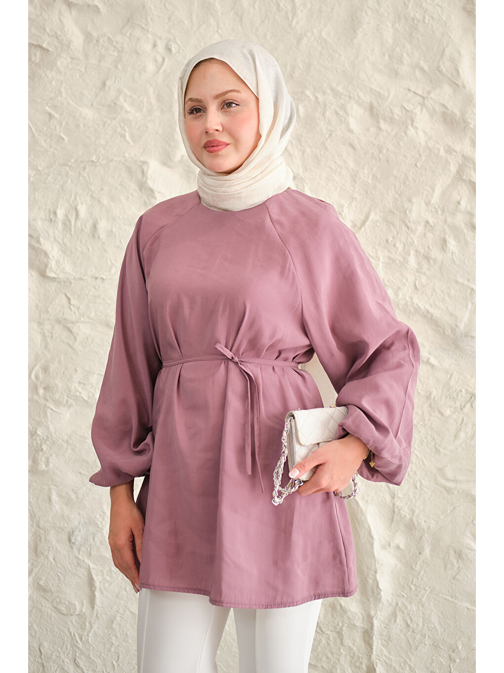 Kadın Bel Bağlamalı Tunik Mürdüm-1