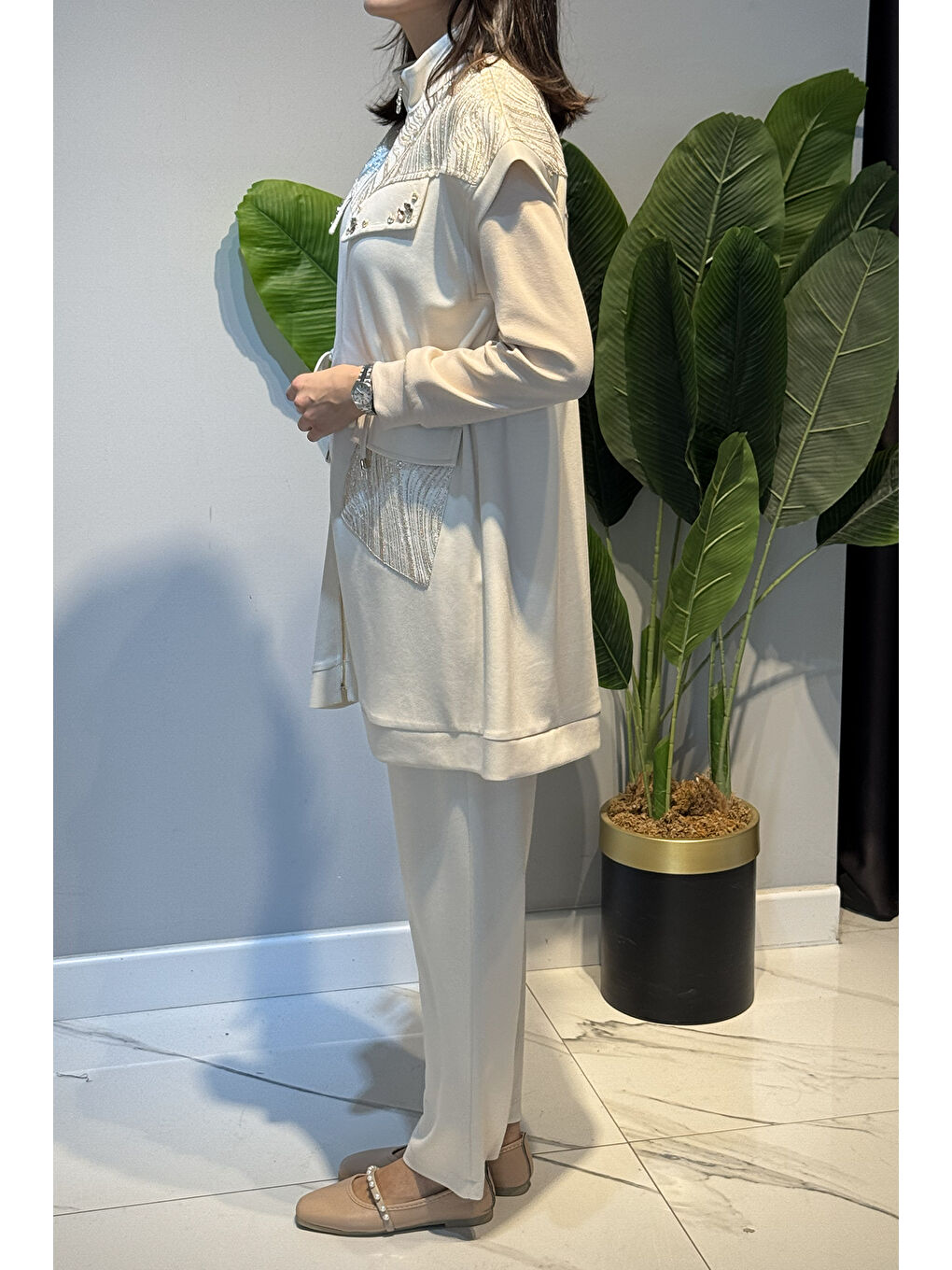 Kadın Yelek Pantolon Jakar Detay Takım 7303 Ekru-3