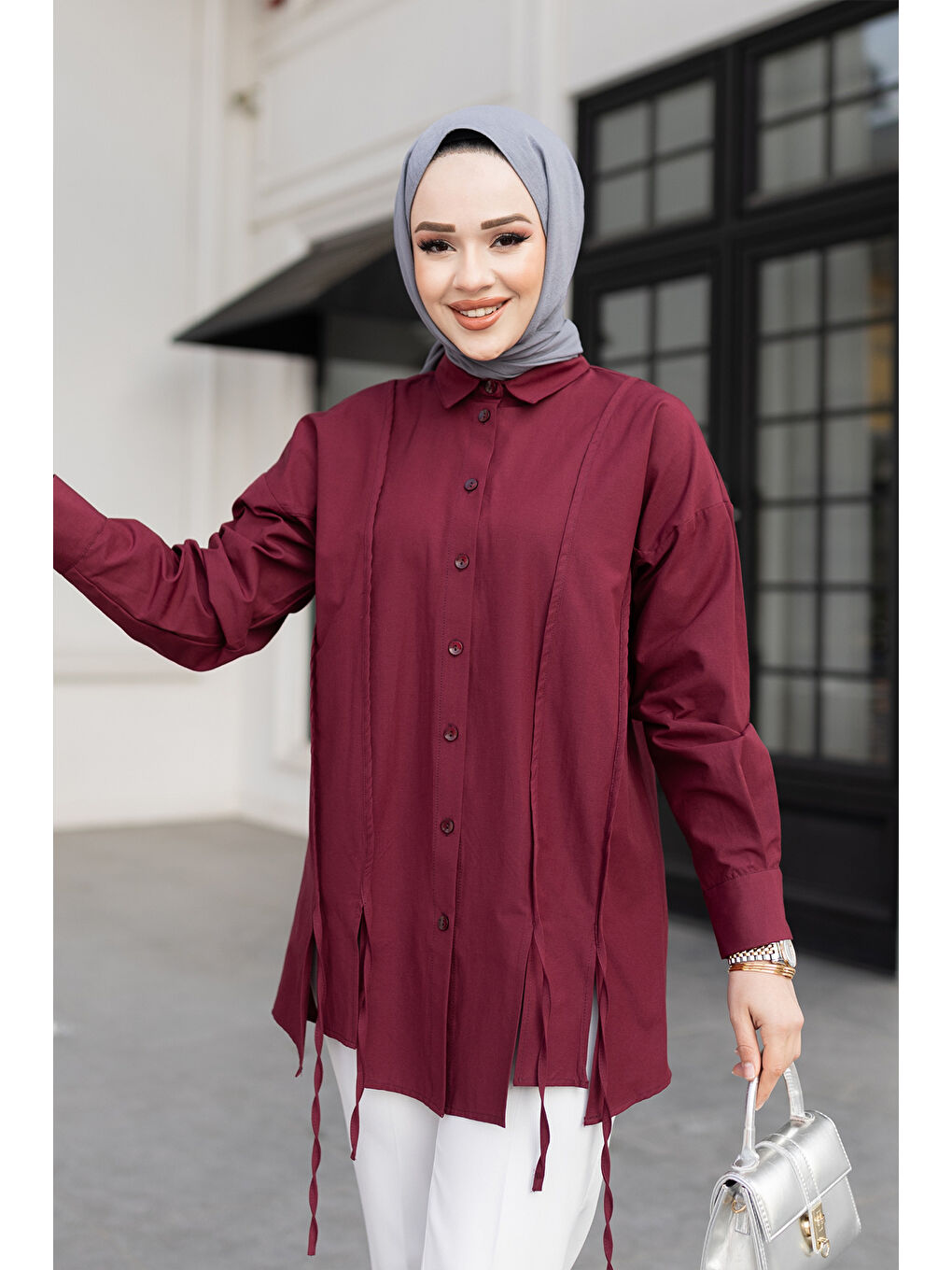 Kadın İp Detaylı Yırtmaçlı Gömlek Bordo-1
