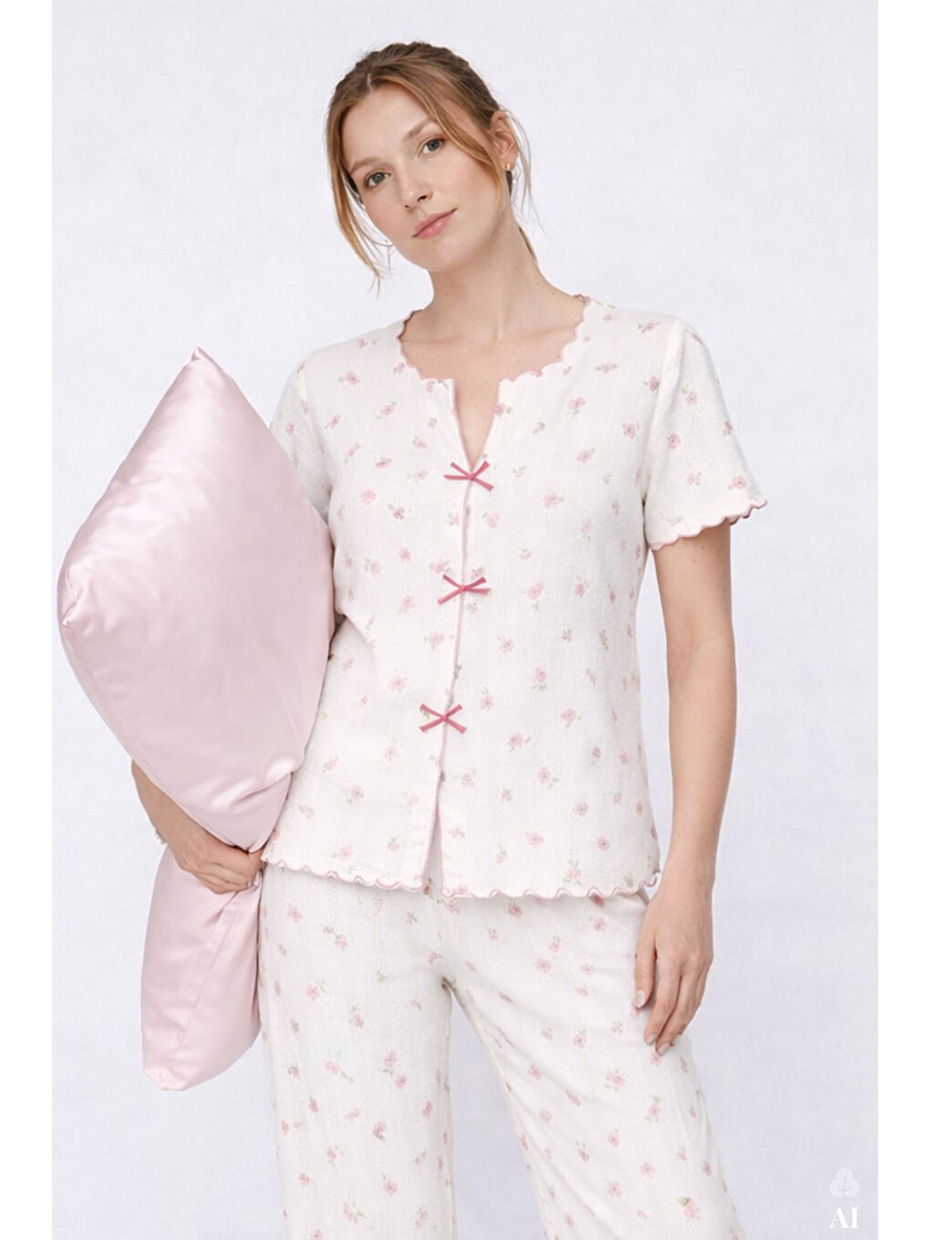 Pembe Kadın Kısa Kollu Fiyonklu Fitilli Pijama Takımı-1