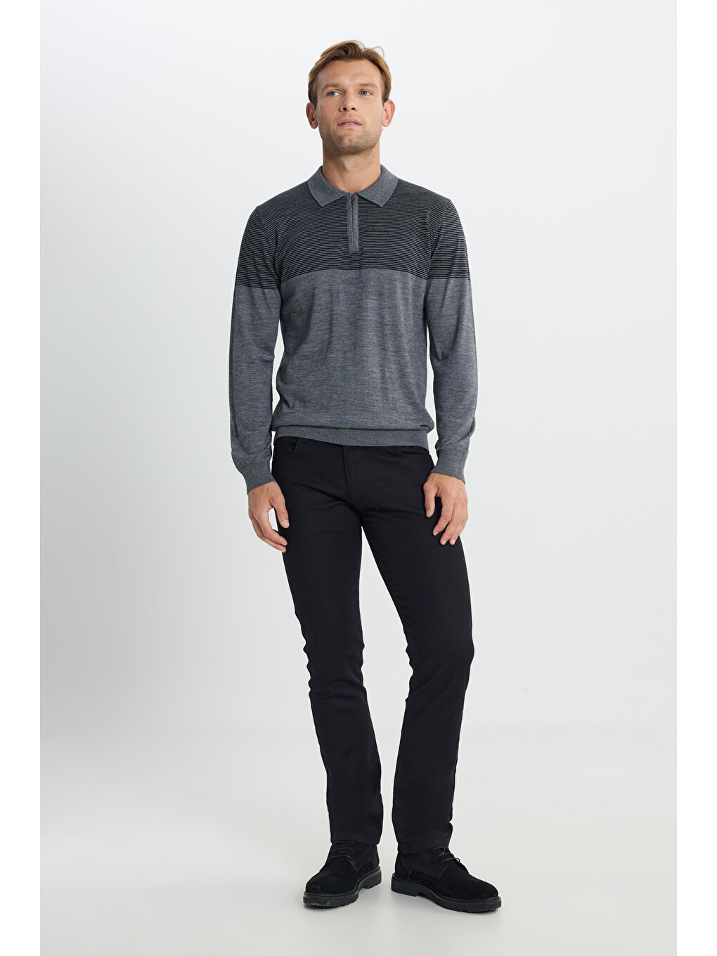 Erkek Gri Melanj Yün Standart Fit Normal Kesim Polo Yaka Çizgili Triko Kazak-1