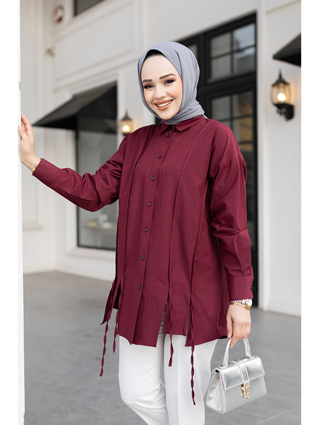 Kadın İp Detaylı Yırtmaçlı Gömlek Bordo-2